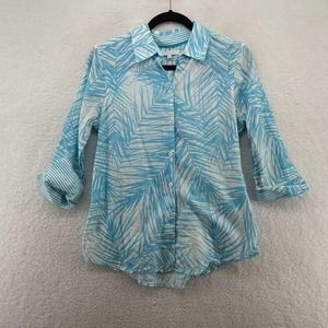 Foxcroft Womens Button Front Top Size 8 Blue Palm Leaf tropical career light